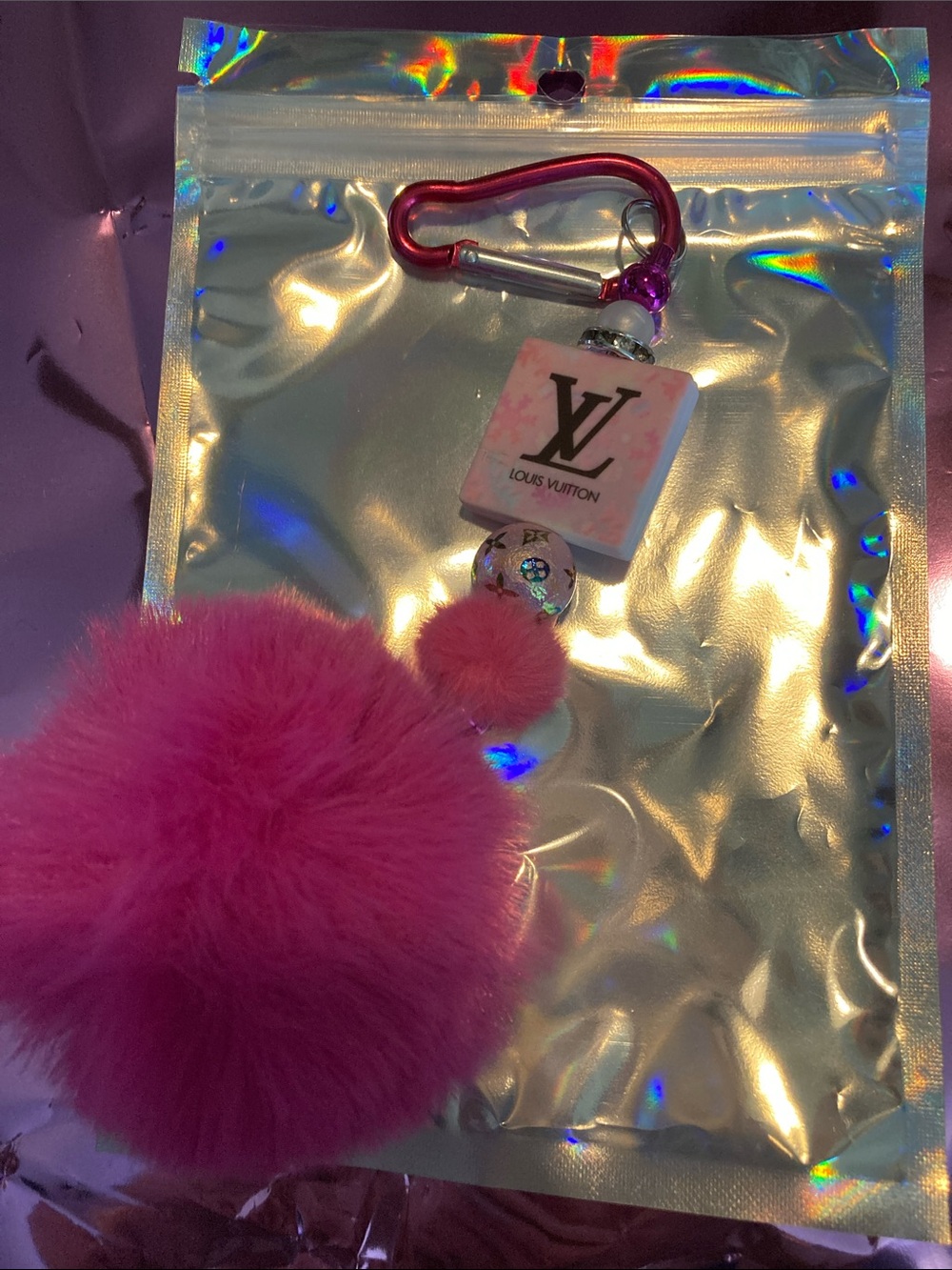 Louis Vuitton Pink Pom-Pom Keychain Charm with Logo Cube
